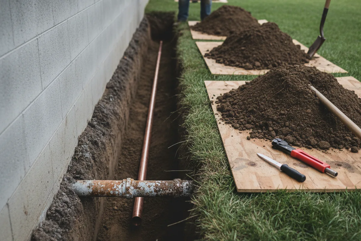 Excavated water line trench during Sewer Line Repair in Marathon